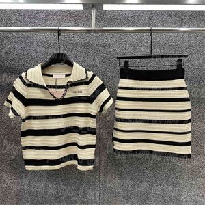 Luxury Women Dress Knits Set Striped Casual Short Sleeve Skirts Tops Outfits Designer
