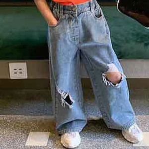 Girls Pants Personality Ripped Wide Leg Jeans Trousers Spring And Summer Fashion Kids Clothes ChildrenS Clothing 240315