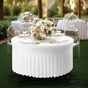 Vit polyester elastisk dutduk täcker bröllop bankett runda spandex bord kjol konferens kontorsbordduk party dekoration 240315