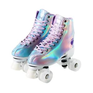 Stiefel Sier Frauen Männer 2 Auswahl PU Leder Roller Skates Skating Schuhe Patins Schieber Quad -Sneaker Anfänger 2 Reihen Erwachsene 4 Räder