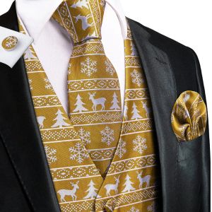 Vests Hitie Brown Christmas Mens Silk Vests Slim Fit Slips Hankerchief Cufflinks Sets Mane Jacquard Sleeveless Waistcoat Party Gift