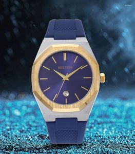 Armbandsur lyxiga män tittar på casual sportman kvartsursur klassiskt märke sliver blå gummi silikon reloj kalender enkel guld klocka
