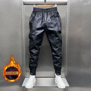 Frauen Hosen Herbst Winter Elastische Taille Lose Beiläufige PU Leder Männlichen Harajuku Y2K Hinzufügen Samt Mode Laterne Hosen Männer der Kleidung