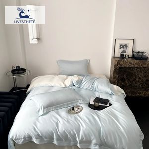 Livesthete elegante luz azul 100% conjunto de cama seda sedosa folha plana fronhas rainha rei colcha capa roupa para dormir 240306