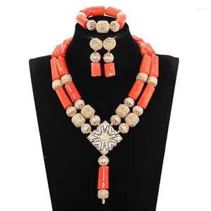 Necklace Earrings Set Luxury 2 Layers African Beads JewelrySets Coral For Bridal Jewelry LC002