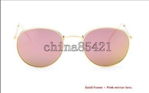 Top Quality Men039s Women039s alloy Sunglasses Retro Round Eyewear Gold Frame Pink Mirror Glass Lens 50mm With Brown Case4955437