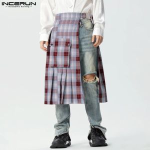 Sukienki Inderun Men Plaid spódnice plisowane kieszenie streetwear osobowość mężczyzn nieregularne spódnice 2023 mody swobodne męskie dna s5xl