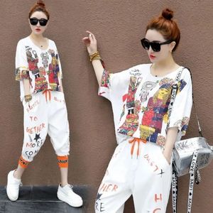 Womens Suit Summer Short Sleeved T-shirt och harem kalvlängd byxor mode koreansk lös fritid sport två bit set 240311