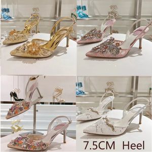 Rene Caovilla Sandals Women 7.5CM High Heel Luxury Designer Shoes Lace Mesh Crystal Decoration Party Fashion Wedding shoes