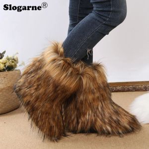 Boots Women's Winter Snow Boots Outdoor Luxury Furry Faux Fox Fur Boots Woman Plush Warm Platform Shoes New Fashion Bottes Big Size 44