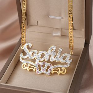 Qitian Personalized Nameplate Name Necklace Custom 3D 18KGold Plated Double Diamond Choker Pendant Two-Tone Name Chain For Women 240305