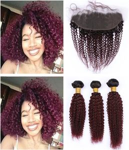 Wine Red Ombre Kinky Curly Peruvian Virgin Human Hair 3Pcs Bundles with 13x4 Frontal Closure 1B99J Burgundy Ombre Lace Frontal w8062967