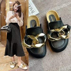 Boots Slippers Casual Shoes Low Slides Mules For Women 2022 Cover Toe Pantofle Luxury New Summer Flat Fashion Basic PU Chain Flat Shoe