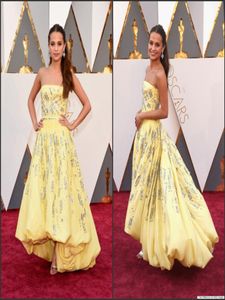 2016 88 Oscar Celebrity Dresses Alicia Vikander Yellow Lowlless Low Low Low Low Lown with exers equins a line red carpet obs