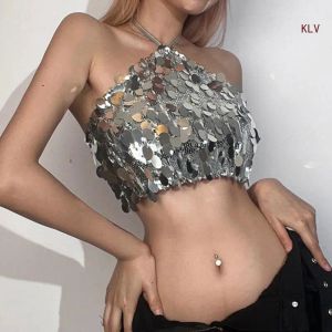 Toppar Sexig grimma slips baklöst camisole glittrande glitter silver metallisk paljett bandeau väst för kvinnor fest nattklubb gröda topp