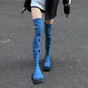 BOTAS PLATAGEM THIGH BOOTS High Sapatos Mulheres Inverno sobre o joelho Botas lateral zíper quadrado dedo jeans fêmea de jeans longos novos saltos grossos