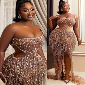 2024 ASO EBI ILLUSION GOLD SHEATH PROMドレスクリスタルビーズセクシーな夜のフォーマルパーティーセカンドレセプション50歳の誕生日婚約ガウンドレスローブDE SOIREE ZJ193