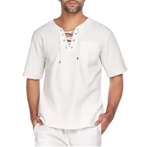 Мужские футболки, льняные мужские хлопковые однотонные свободные рубашки с короткими рукавами, футболки на шнуровке, средневековая туника с v-образным вырезом, Camisa De Hombre