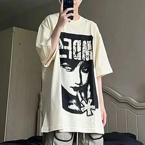 American High Street Portrait Print Short-sleeved T-shirt Street Hiphop Retro Summer Fashion Casual Cotton Top Mens Clothing 240313