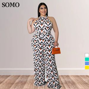 Bottoms Somo 2022 Summer Clothes Casual Sleeveless One Piece Outfit Geometric Print Plus Size Humpsuits For Women Partihandel Dropshipping