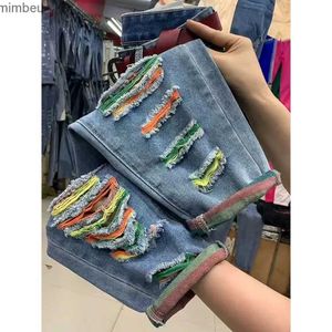 Women's Jeans Colour Ripped Hole Jeans 2023 New High Waist Jeans Large Size Loose Fit Haren Denim Pants Ladies Ankle-Length Cowboy TrousersC24318