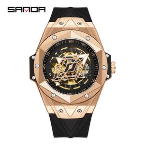 Sanda novo 7014 totalmente automático mecânico quartzo oco geometria moda tendência legal relógio de silicone masculino