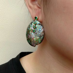 Yygem Natural Rainbow Abalone Shell Green CZ Pave StudEarrings 240305