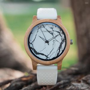 腕時計ボボ鳥の手作り木製時計男性女性クォーツ大理石リテラルシリコーンバンド時計
