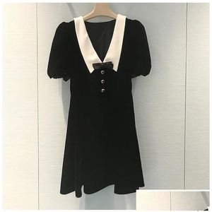 Vestidos de pista 925 2023 Milan estilo vestido outono lapela pescoço manga longa preto damasco meados de bezerro marca mesmo império mulheres moda gota d ot83g