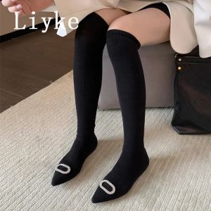 Buty Liyke Conty Cozy Stretch Fabric Wysoko nad kolanami Buty Buty Kobiety Flat Heels Modna Kryształowa klamra Specjana palca