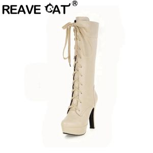 Stivali Reave Cat Winter British Style Ladies Knee High Boots Round Toe Lace Up 12 cm Piattaforme Spike Teli Scarpe dimensioni 3145 Bianco A4206