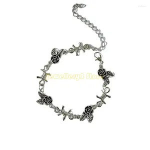 Charm Bracelets Unique Thorned Rose Bracelet Flower Link Handchain Adjustable Bangles Alternative Occult Jewelry For Women Girls C9GF