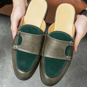 Scarpe HBP Double Monk Strap non di marca Muli slip on in pelle scamosciata di colore verde Comode pantofole in pelle da uomo Mezze mocassini