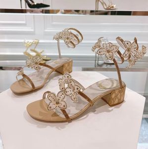 Rene Caovilla Low Heel Sandals Women Water Diamond Flower Decoration Luxury Designer Shoes Casual Fashion Party Wedding Shoes