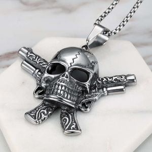 Hot Selling Style Pendant Stainless Steel Motorcycle Skull Head Mens Double Gun Necklace