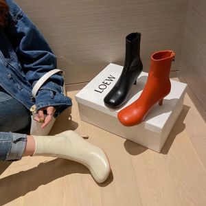 Sandals High Quality Soft Sheep Skin Leather Women Booties Black Red Beige Stiletto High Heels Chic Big Round Toe Woman Short Boots Shoe