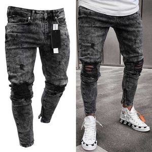 Calças de brim dos homens fino ajuste estiramento denim calças preto rasgado pé bocas zíper streetwear calças masculinas outono inverno roupas