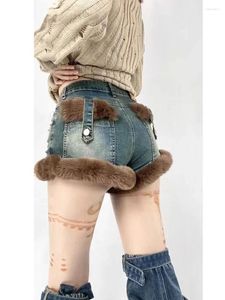 Jeans femininos americano rebite pelúcia retalhos denim shorts y2k retro streetwear menina sexy magro moda estilo coreano casual cintura alta