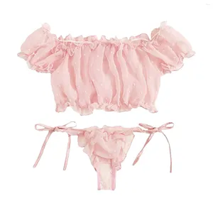 Conjuntos de sutiãs Bowknot Strappy Mulheres Lace Sexy Lingerie para um ombro plissado Stretchy Underwear Perspectiva Conjunto Erótico