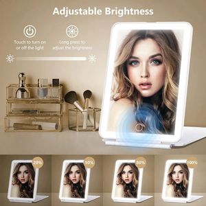 LED -vikning av kosmetisk spegel med lampa laddningsbar platt spegel bärbar vikningsspegel på båda sidor 240318