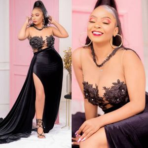 2024 Aso Ebi Plus Size Prom Dresses Mermaid for Black Women Sheer Neck Sexy Side Split Evening Formal Gowns for Special Occasions Beaded Lace Birthday Dress AM571