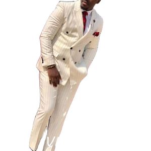 Suits Cream Fildişi Erkekler Takım Emitli Kavur Çift Kelime Kravalı Afrika İş Ofisi Blazer Setleri Kostüm Mariage Homme 2 Parça+Pantolon