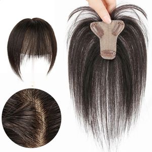 7cmx8cm Human Hair Toppers for Women Clip in Topper med 3D Air Bangs hårstycken för mild håravfall Volym täckning Grått hår 240314