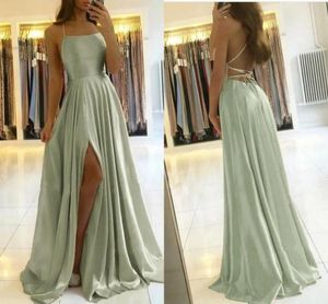 Sage Green Simple A Line Prom Dresses Sexy Backless Halter Neck Front Split Long Evening Party Gowns Bridesmaid Dress Custom Made BC9791