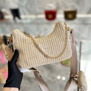 Triangel halm crossbody väskor halm raffia re edition axel 2025 messenger väska hög kvalitet tre-i-ett kvinnor sommarvävd guldkedja hobo handväska plånböcker ficka