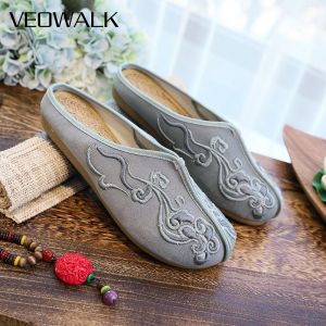 Kapty Veowalk Summer Women Bawełniane haftowane u stóp płaskie kapcie panie swobodne muły retro chińskie buty zielone białe