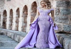 2020 Purple Satin Lace Mermaid Evening Dresses Custom Made Detachable Train Party Gowns Backless Prom Maxi Dress robe de soiree1754086