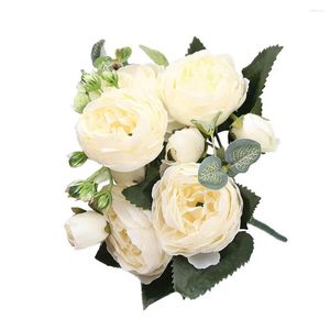 Decorative Flowers Flower Bouquet 5 Heads Artificial Rose Buds Wedding Plastic Silk Cloth Fake Red