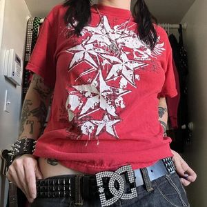 Retro Skull Star Print T-Shirt Women 90s Gothic Y2K Cyber ​​Grunge Harajuku Kort ärm O Neck Croped Top 240315