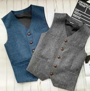 Västar mäns västar blå V -nackplädes Hillbone tweed 4 Pocket Retro Tooling Waistcoat Single Breasted Male Gentleman Business Vest